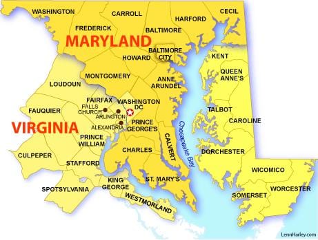 térkép maryland, virginia, washington dc