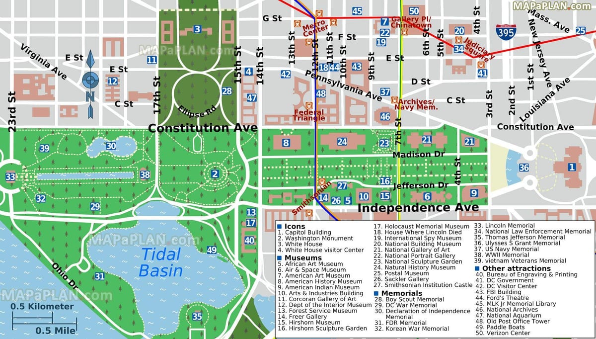 térkép washington dc fő látnivalók